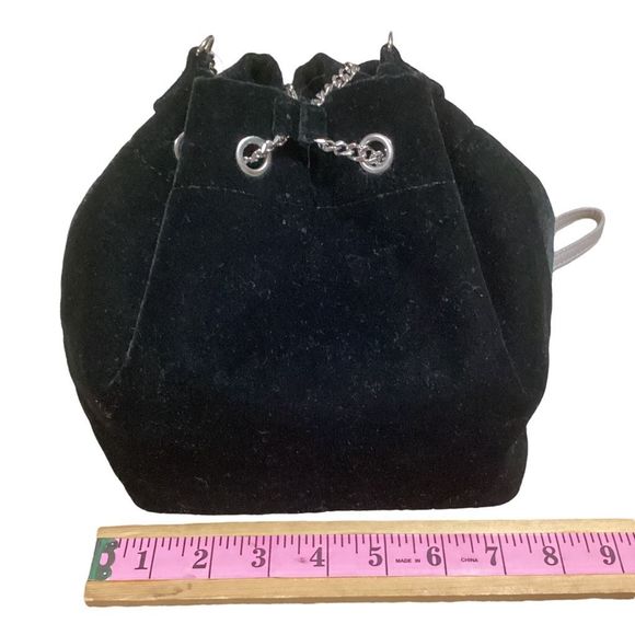 White House Black Market Black Velvet Crossbody Evening Bag Bucket Bag with Silv - Picture 7 of 14